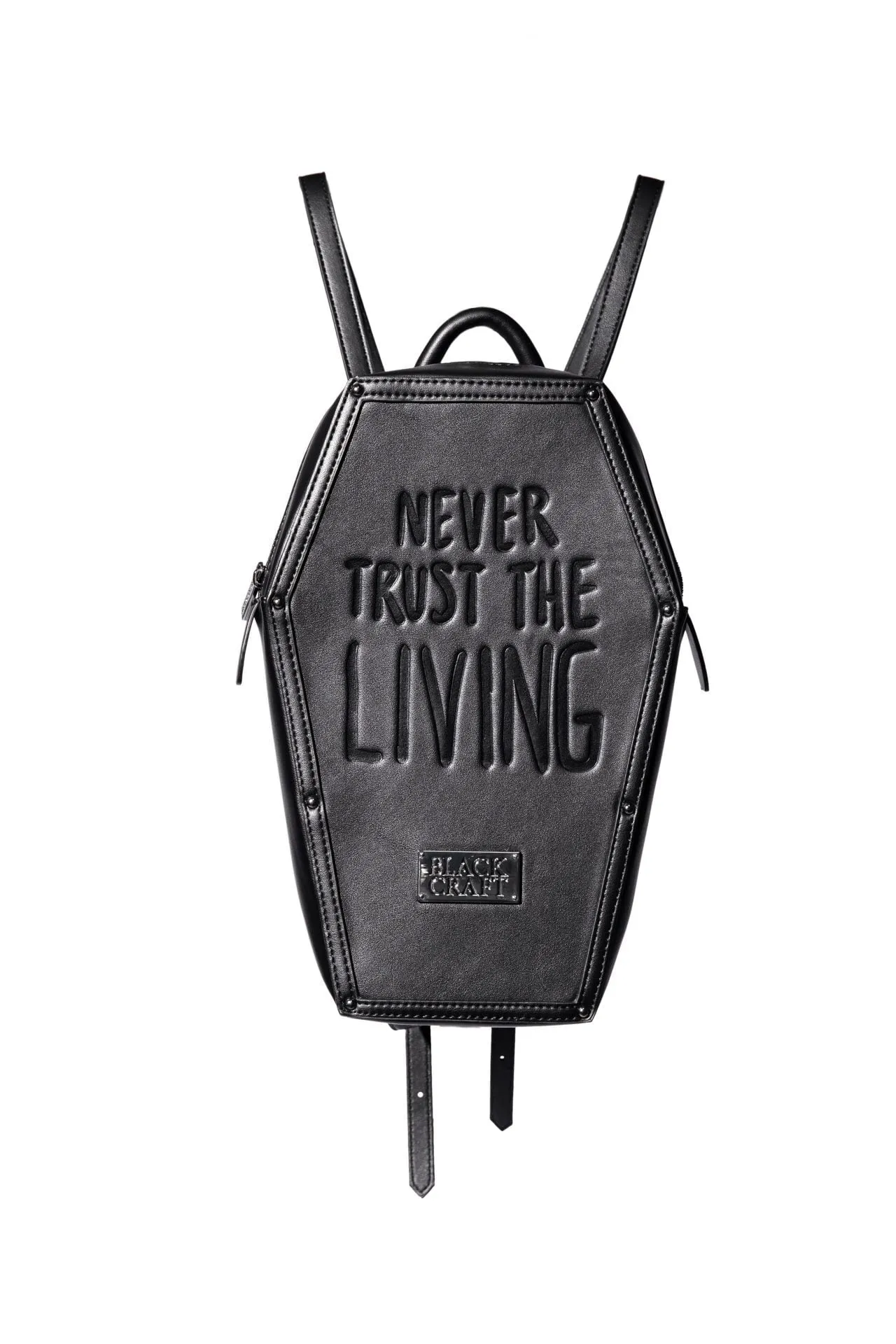 Whimsical designs Playful Displays Never Trust - Coffin Backpack