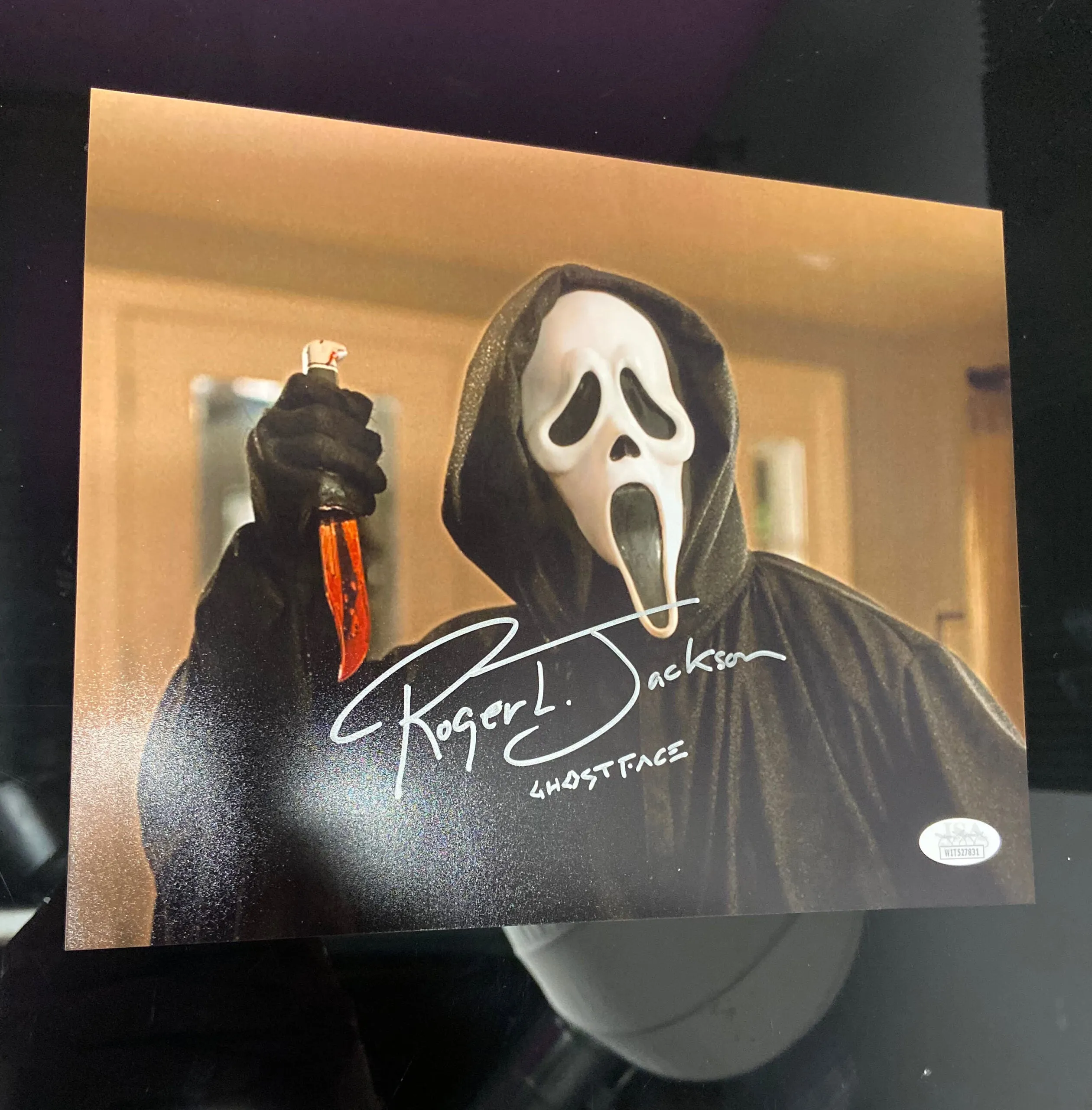 Roger L. Jackson Autographed Ghostface 8x10 (JSA Certified) - Version 1 Scary Treats Scary Party